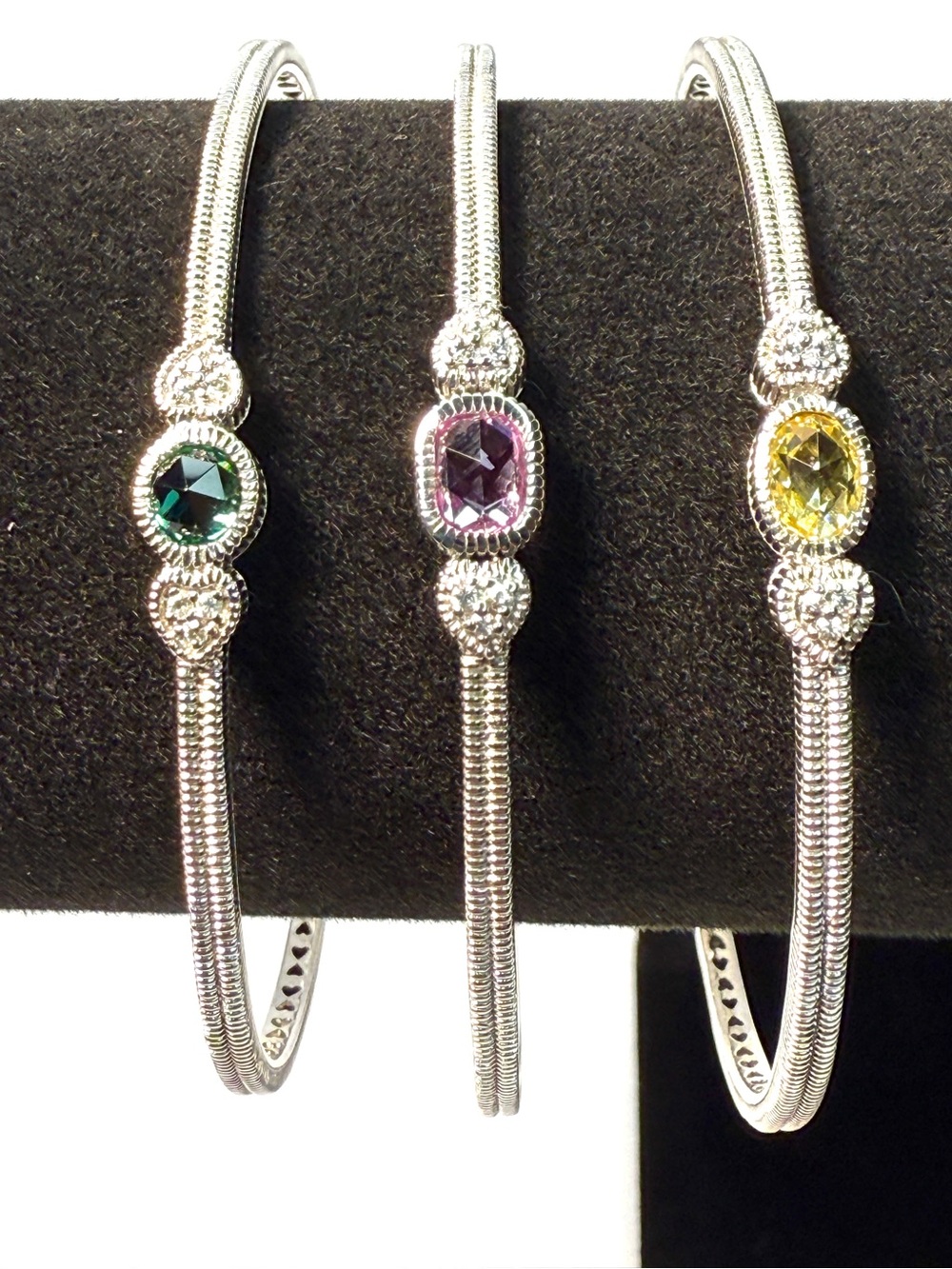Judith Ripka Silver Bracelets with Green, Purple, and Yellow Stones